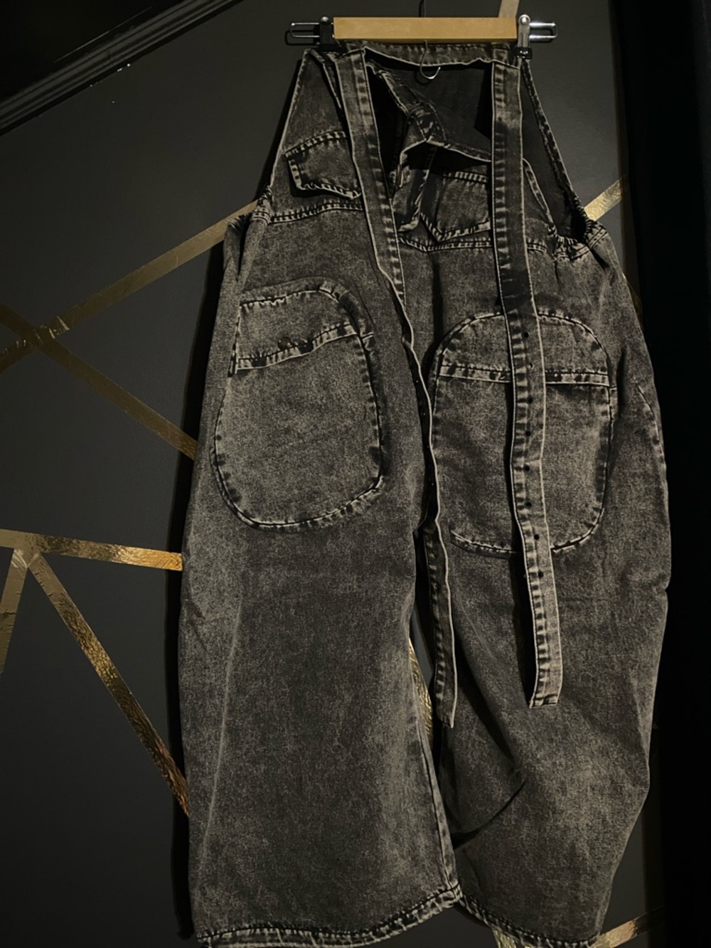 Washed Black Wide-Leg Denim Jumpsuit Pants